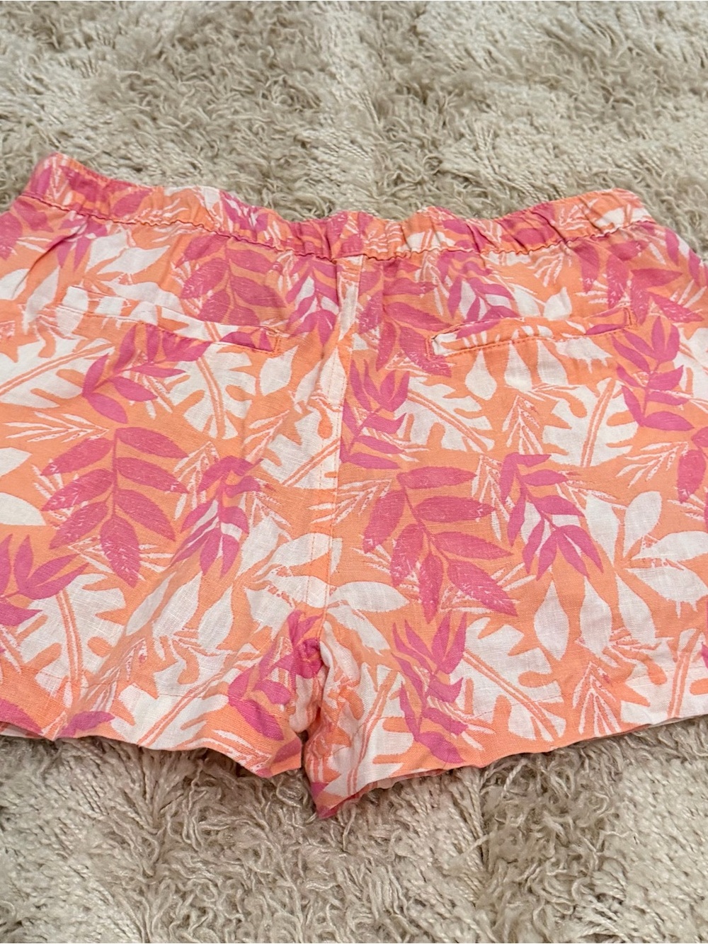Women’s Linen Pink & Orange Leaf-Print Casual Drawstring Shorts - Picture 3 of 3